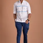 Stylish White Hunting Shirt with Blue Strip | Premium Men's Sportswear | Classic Outdoor Design | Comfortable Cotton Fabric | Size 36-44